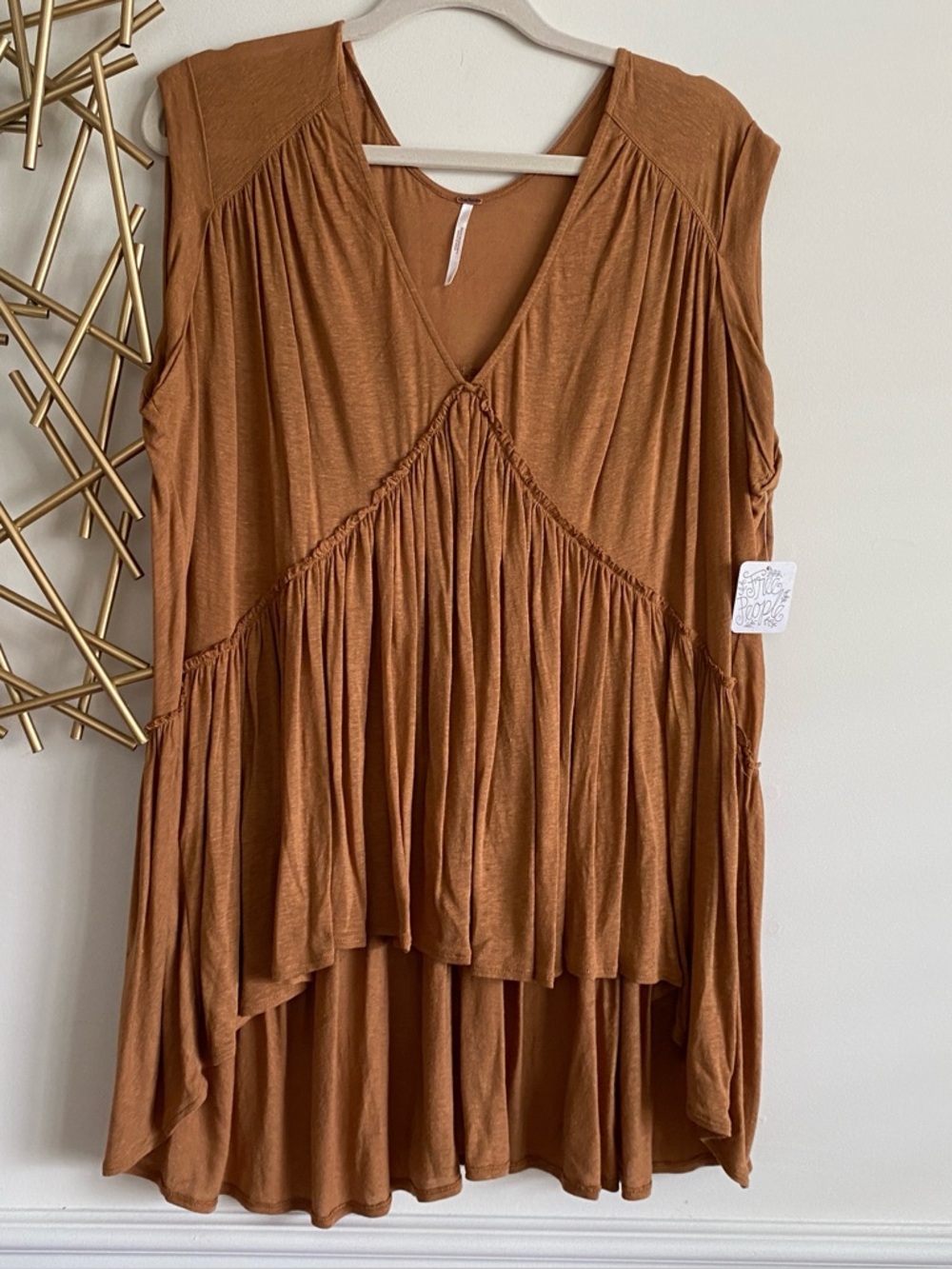 NWT Free People Dark Tan Sleevless Smocked Drapey Flowy Babydoll Tank Top - L